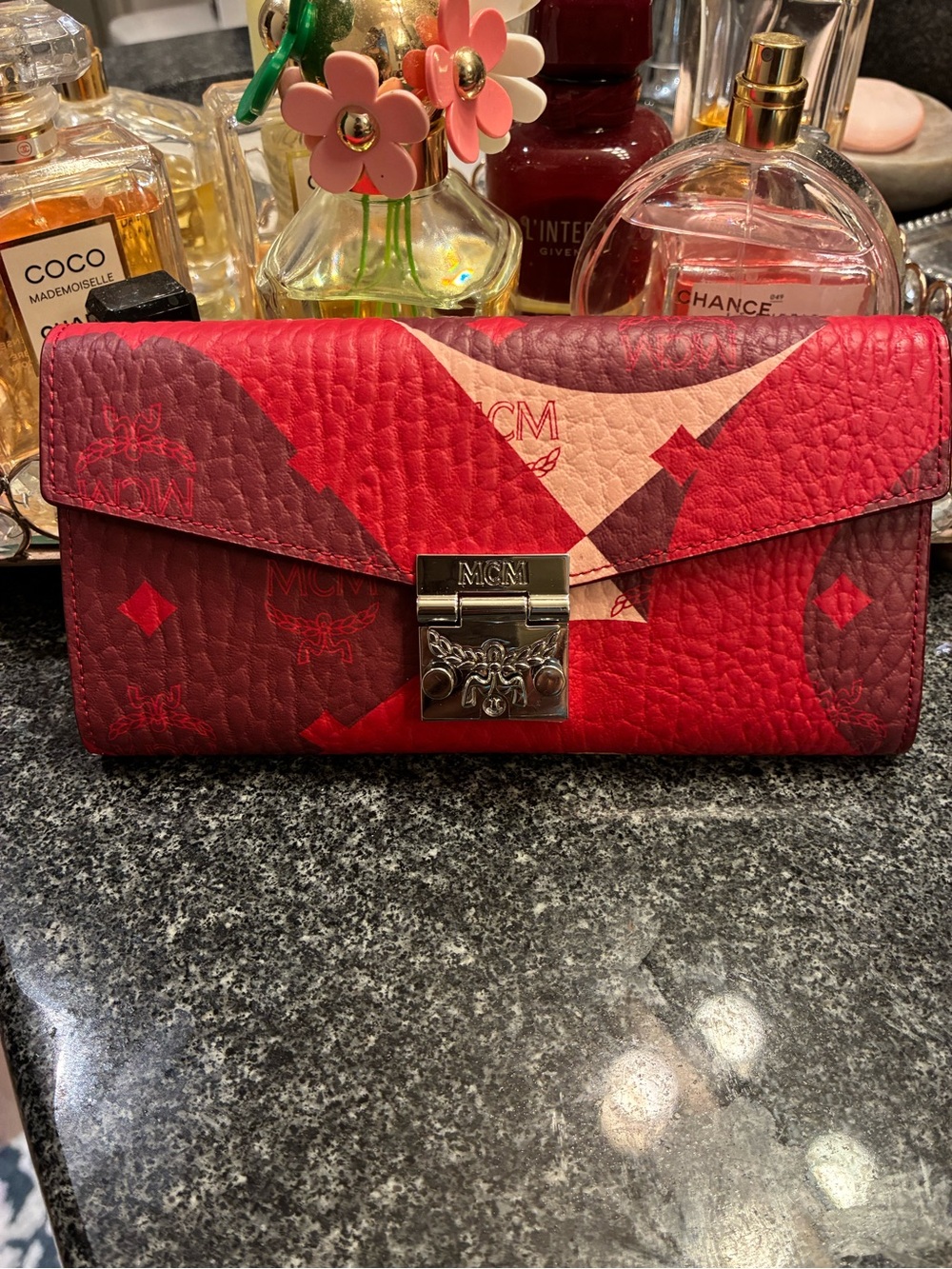 MCM Red and Burgundy Leather Crossbody Wallet with Silver Chain, authentic card.